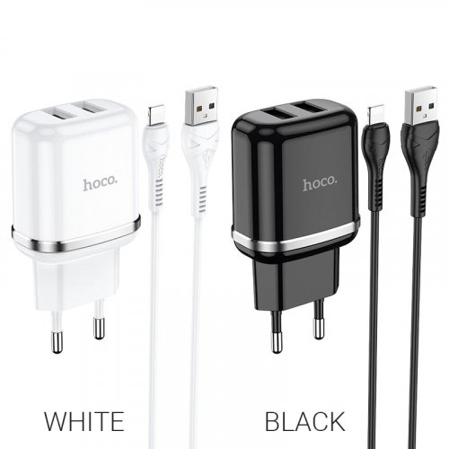 Сетевое зарядное устройство 2 USB 2400mAh + кабель iPhone 5/6/7 HOCO N4 Aspring dual port  белый фото 4