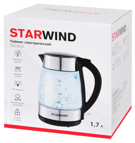 Чайник электрический Starwind SKG3026 1.7л. 2200Вт черный/серебристый (корпус: стекло) фото 7