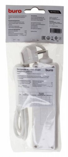 Сетевой удлинитель Buro BU-PS3.1/W 1.5м (3 розетки) белый (пакет ПЭ) фото 2
