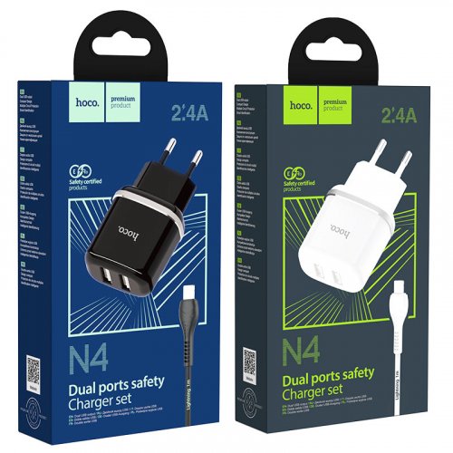 Сетевое зарядное устройство 2 USB 2400mAh + кабель iPhone 5/6/7 HOCO N4 Aspring dual port  белый фото 5