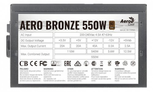 Блок питания Aerocool ATX 550W AERO BRONZE 80+ bronze (24+4+4pin) APFC 120mm fan 5xSATA RTL фото 6