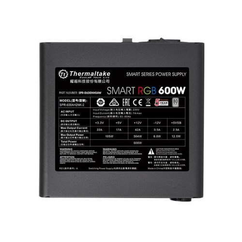 Блок питания Thermaltake ATX 600W Smart RGB 600 80+ (24+4+4pin) APFC 120mm fan color LED 5xSATA RTL фото 5