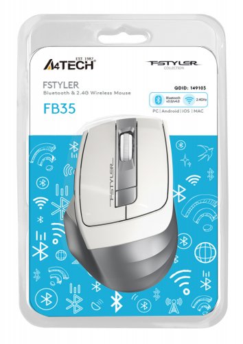 Мышь A4Tech Fstyler FB35 белый/серый оптическая (2000dpi) беспроводная BT/Radio USB (6but) фото 3