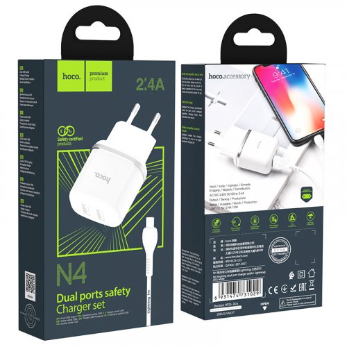 Сетевое зарядное устройство 2 USB 2400mAh + кабель iPhone 5/6/7 HOCO N4 Aspring dual port  белый фото 6