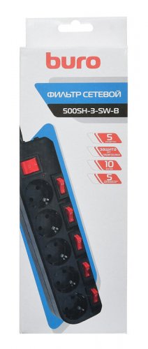 Сетевой фильтр Buro 500SH-3-SW-B 3м (5 розеток) черный (коробка) фото 3