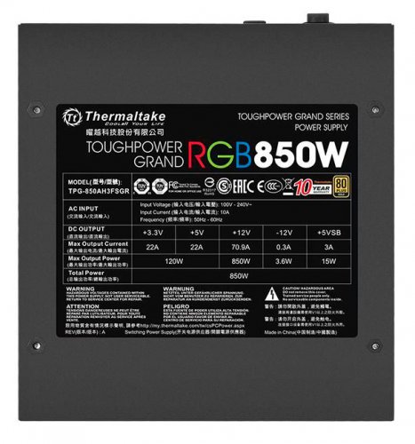 Блок питания Thermaltake ATX 850W Toughpower Grand RGB Sync 80+ gold 24+2x(4+4) pin APFC 140mm fan c фото 3