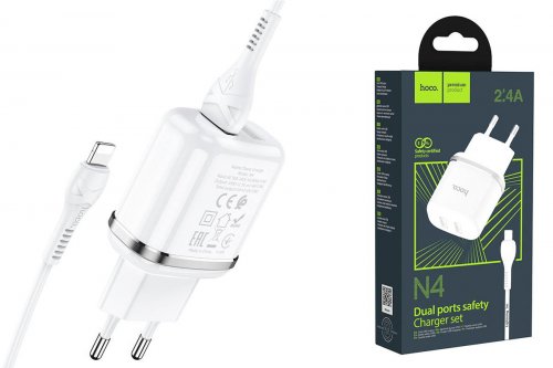 Сетевое зарядное устройство 2 USB 2400mAh + кабель iPhone 5/6/7 HOCO N4 Aspring dual port  белый